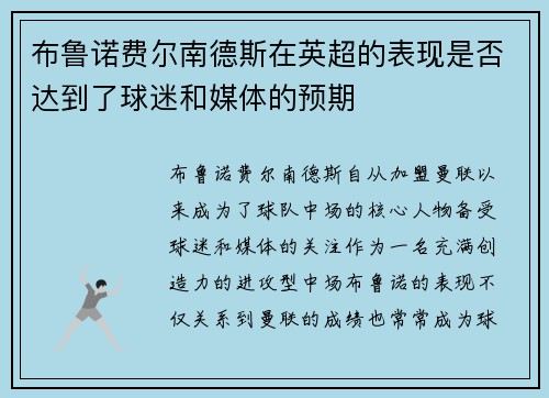 布鲁诺费尔南德斯在英超的表现是否达到了球迷和媒体的预期